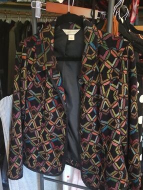 Christopher & Banks Black Open-Front Blazer with Multicolor Geometric Pattern